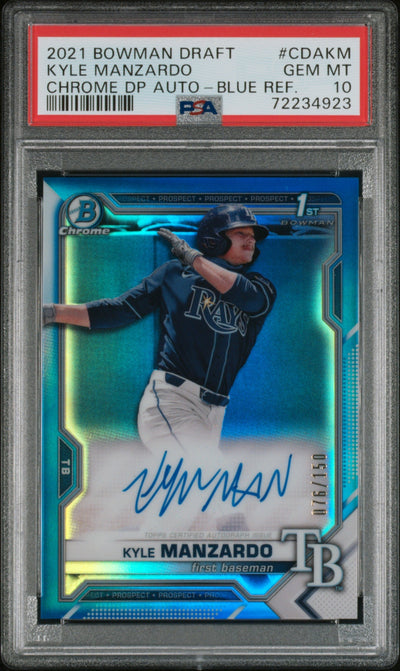 2021 Bowman Draft Chrome Autograph Blue Refractor Kyle Manzardo #Cdakm /150 PSA 10