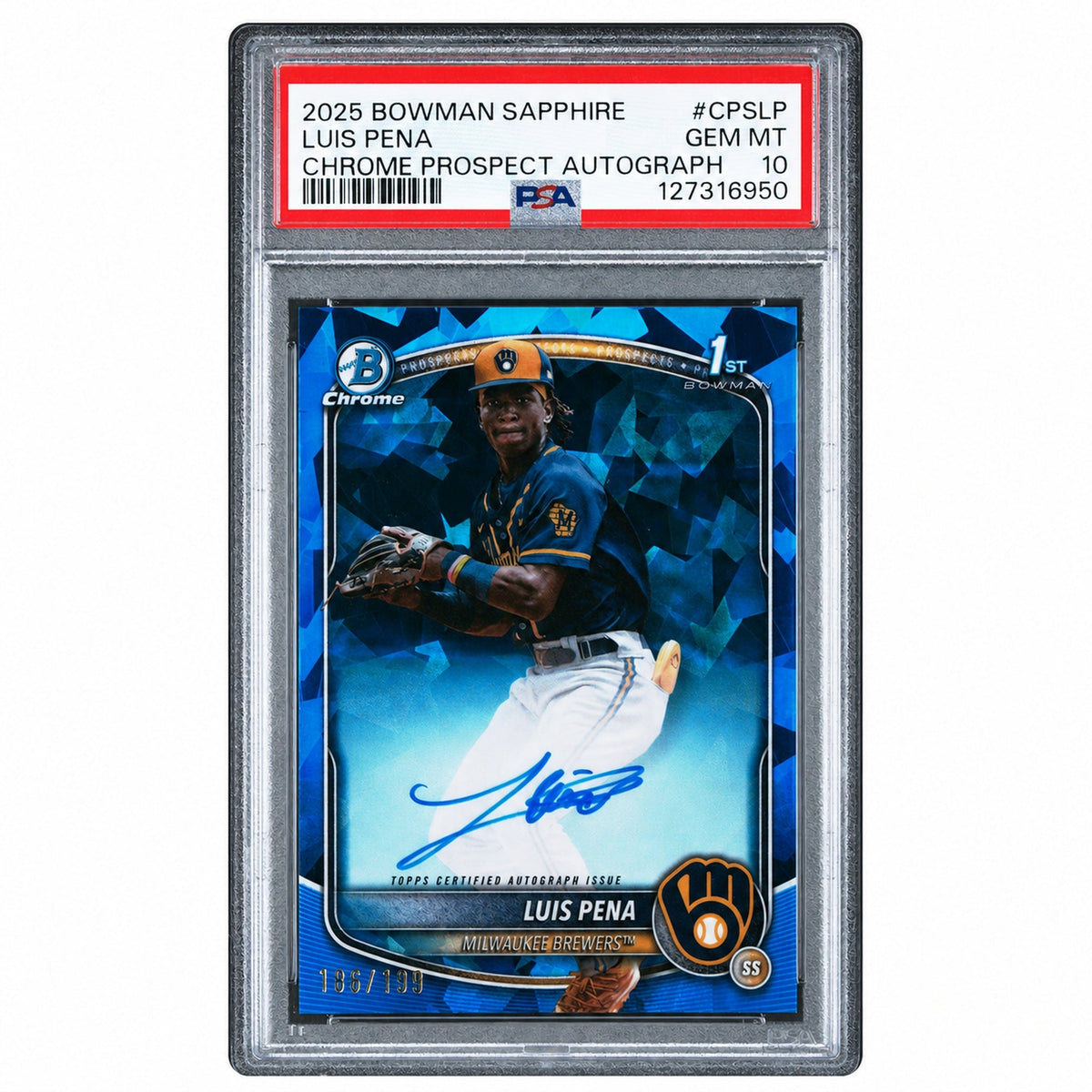 2025 Chrome Sapphire Prospect Autographs Luis Pena #Cpslp /199 PSA 10