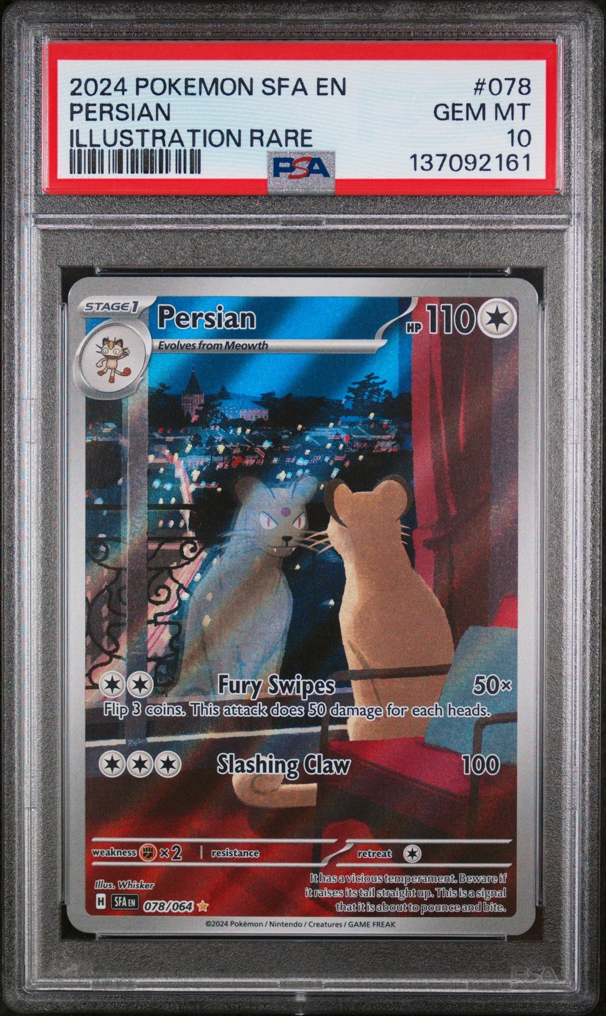 2024 Pokemon Scarlet And Violet Shrouded Fable Illustration Rare Persian #078 PSA 10