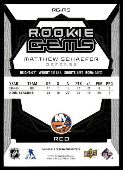 2025 The Upper Deck Company Black Diamond Rg-Ms Matthew Schaefer Rookie Gems Red Rookie Vg Ny Islanders