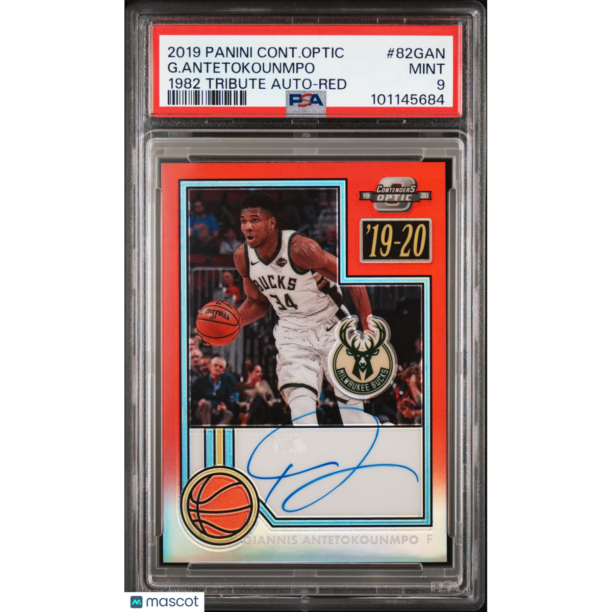 2019 Panini Contenders Optic 1982 Tribute Autographs G. Antetokounmpo #82Gan Red PSA 9