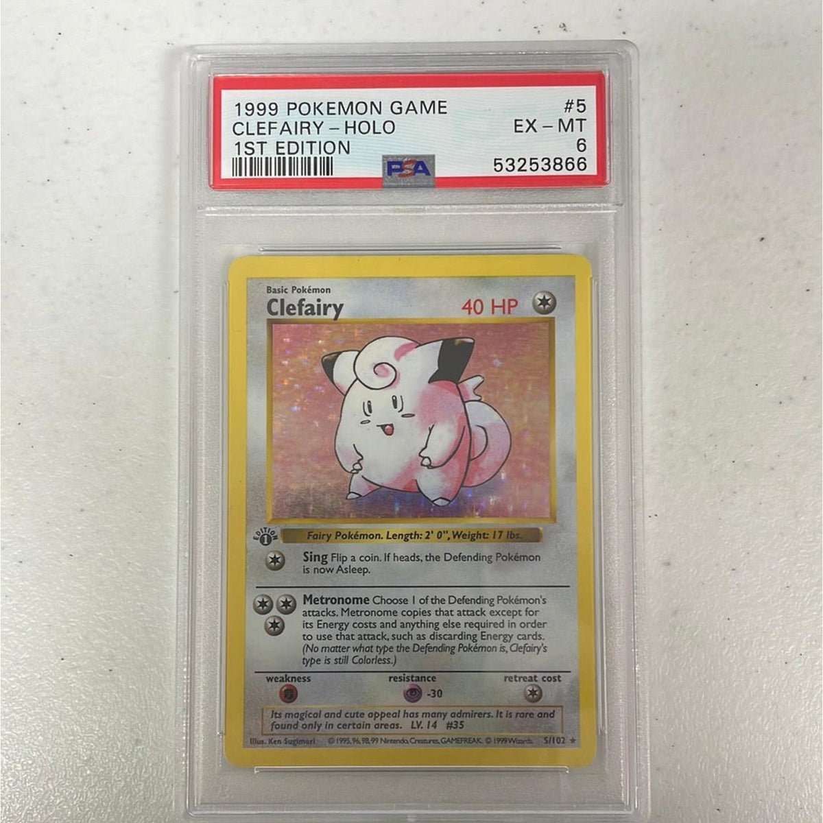 PSA 6 Ex - Mt - Clefairy 5/102 1St Edition Base Set Shadowless Pokemon Holo