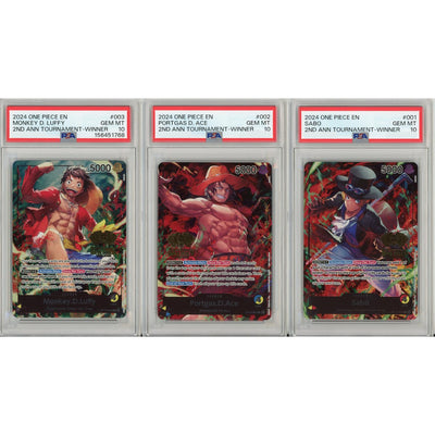 One Piece Graded: Sabo #1, Portgas D. Ace #2 Monkey D. Luffy #3 2Nd Anniversary Winners Set Of 3 PSA 10