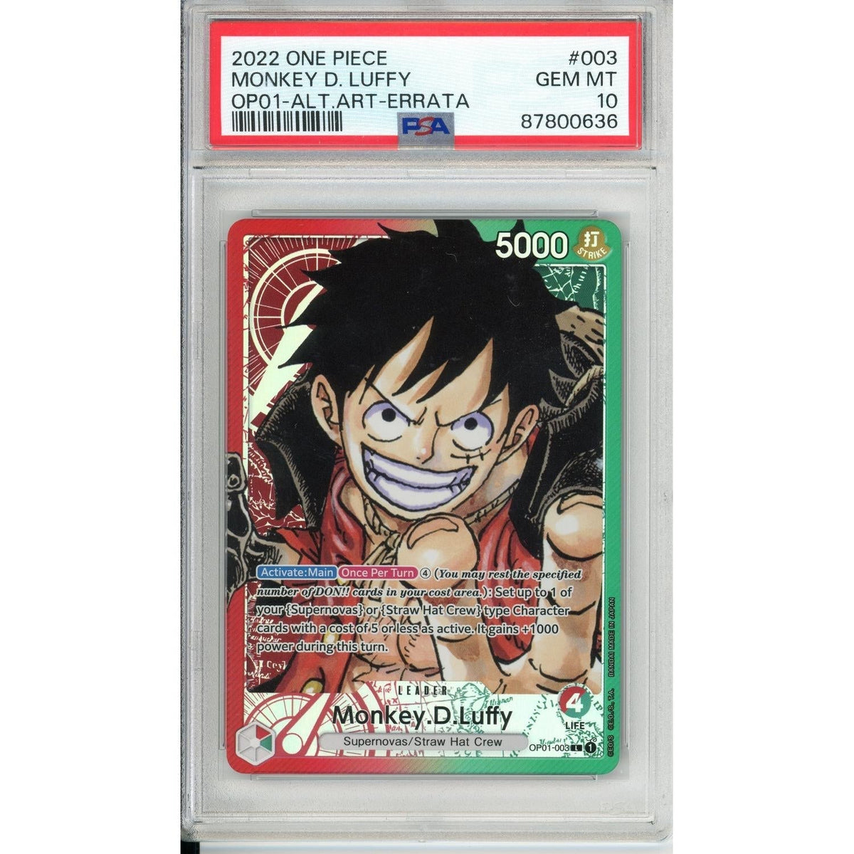 One Piece Graded: Monkey D. Luffy Op01-003 Alt Art Errata (2022) PSA 10