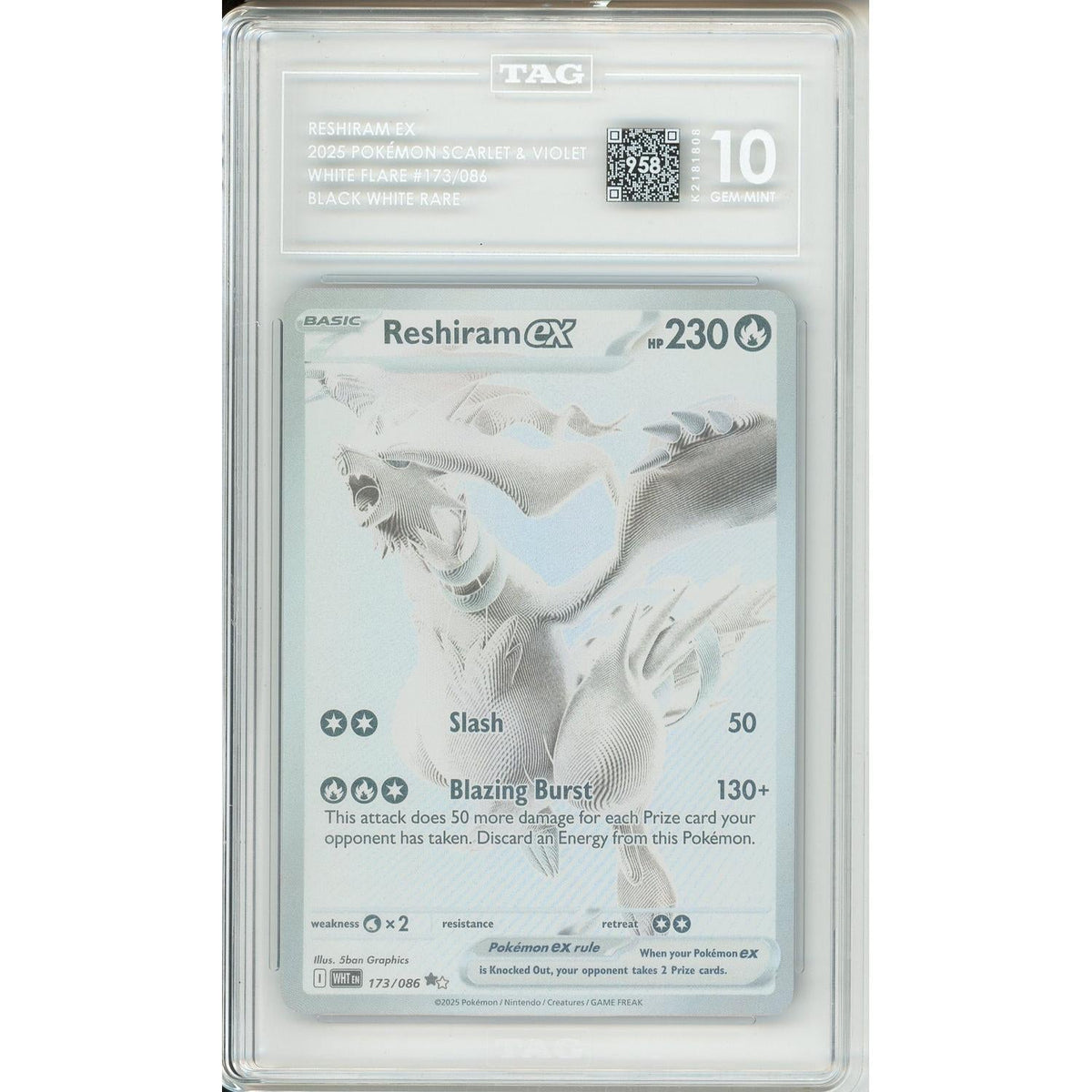 Pokemon Graded: Reshiram Ex 173/86 White Flare (2025) White Monochrome Holo Tag 10